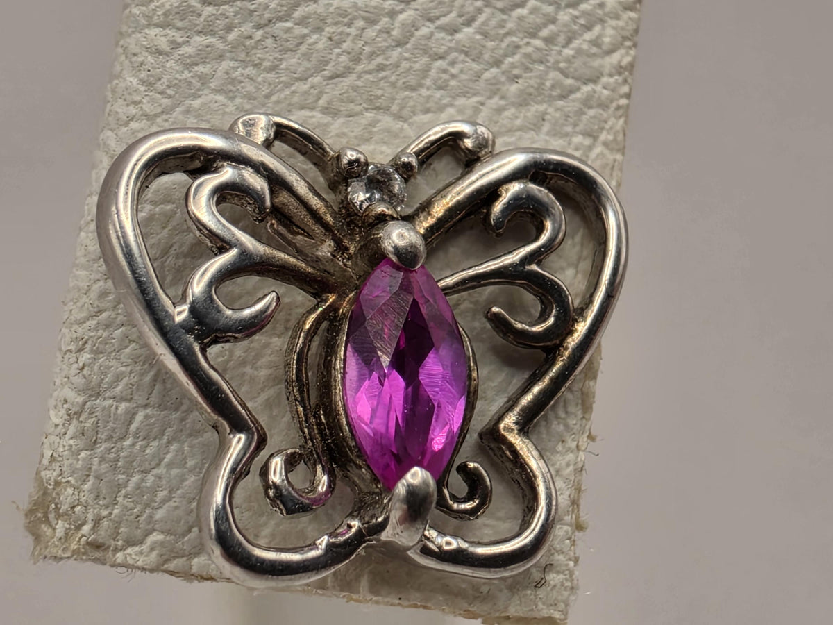 Sterling Silver Butterfly Stud Earrings Pink Teardrop Stone Openwork Pair .375 x .5 Inch | Clamdiggers Forge