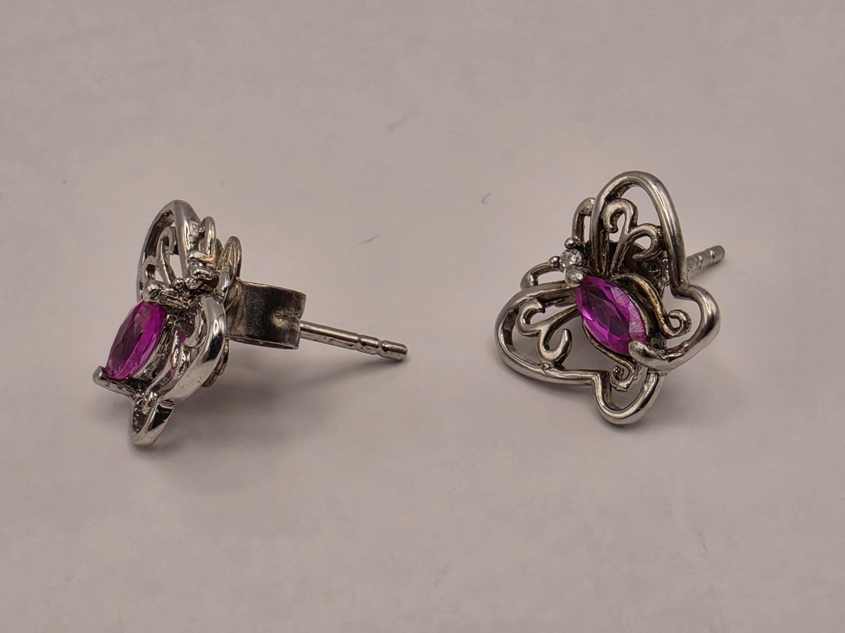 Sterling Silver Butterfly Stud Earrings Pink Teardrop Stone Openwork Pair .375 x .5 Inch | Clamdiggers Forge