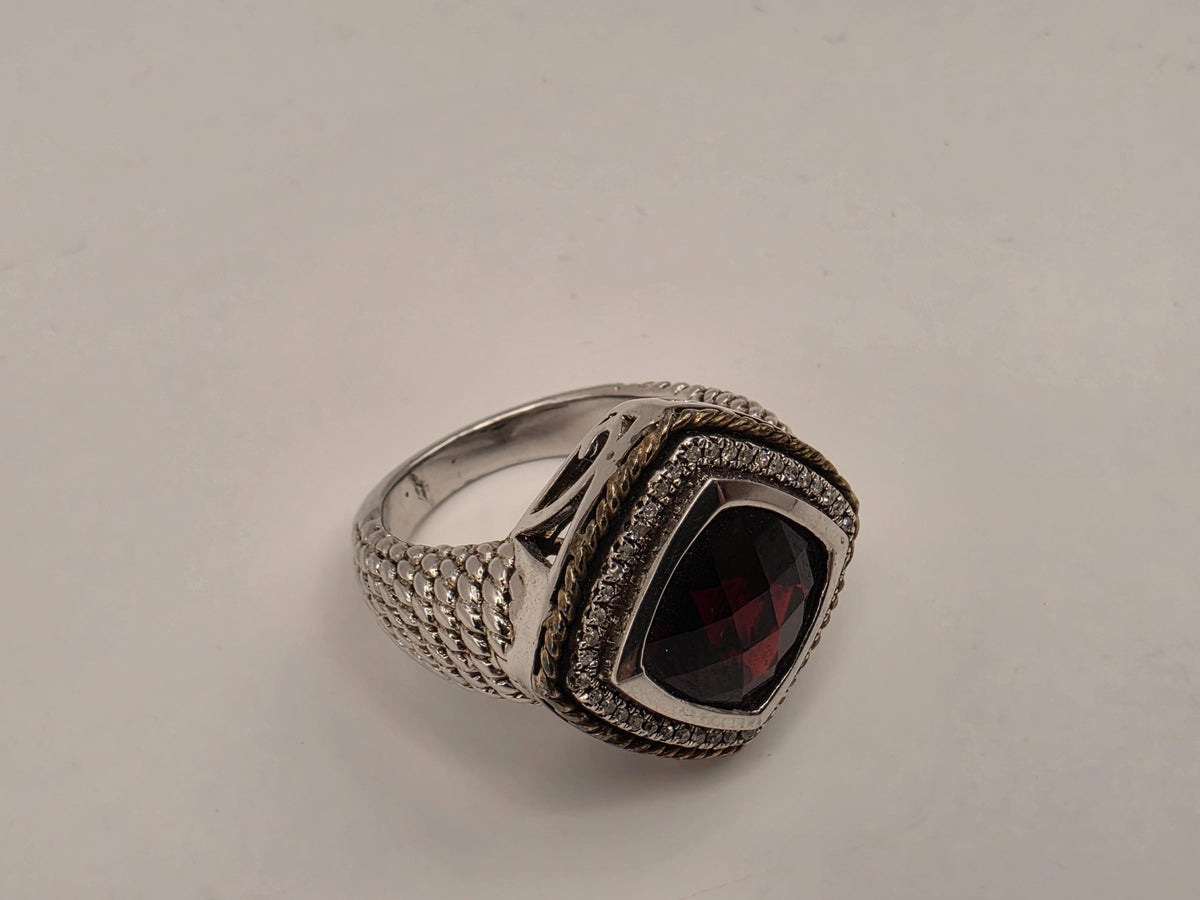 Sterling Silver 14K Gold Ruby Diamond Ring Size 7 4.42ct Ruby 0.12ct Diamond 10g Statement Ring