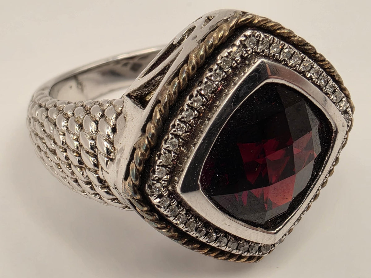 Sterling Silver 14K Gold Ruby Diamond Ring Size 7 4.42ct Ruby 0.12ct Diamond 10g Statement Ring