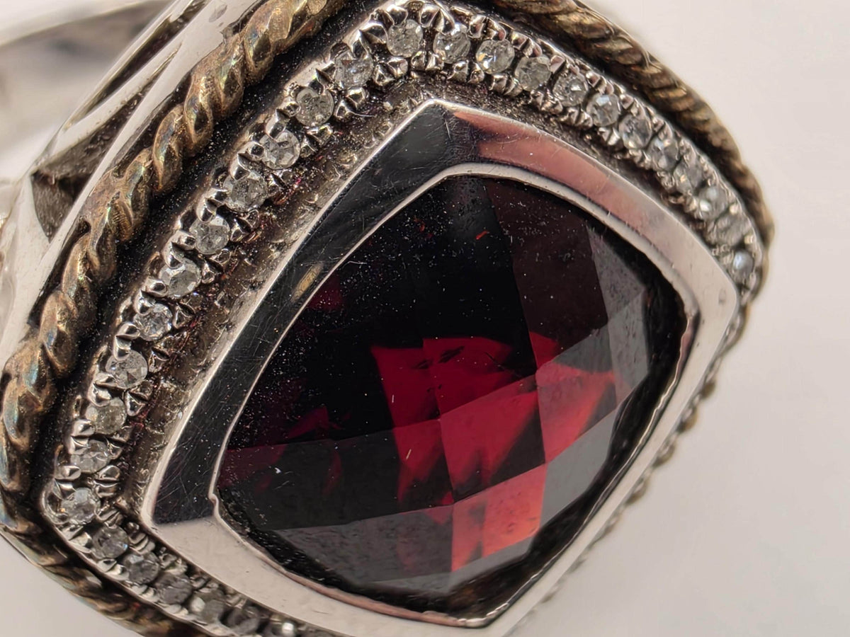 Sterling Silver 14K Gold Ruby Diamond Ring Size 7 4.42ct Ruby 0.12ct Diamond 10g Statement Ring