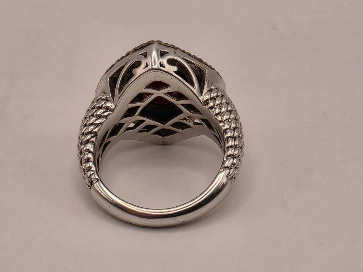 Sterling Silver 14K Gold Ruby Diamond Ring Size 7 4.42ct Ruby 0.12ct Diamond 10g Statement Ring
